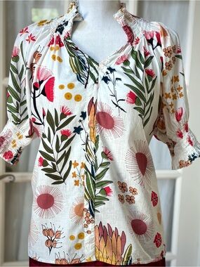 Boho Botanical Floral Cotton Peasant Top Smocked Puff Sleeve M/L
